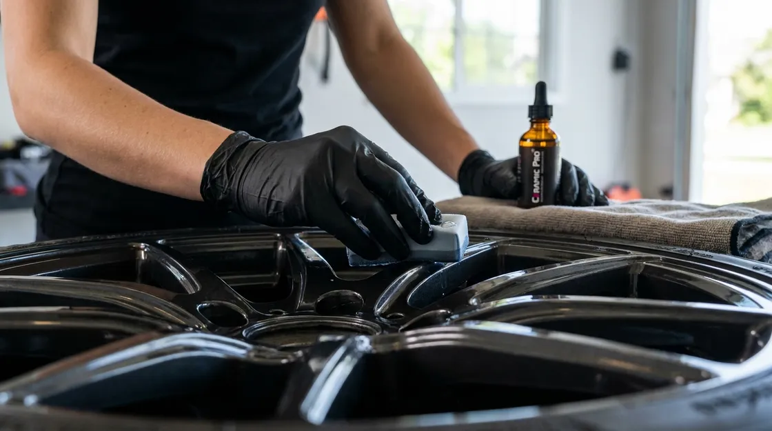 Detailer applying ceramic coating to a black alloy wheel with an applicator