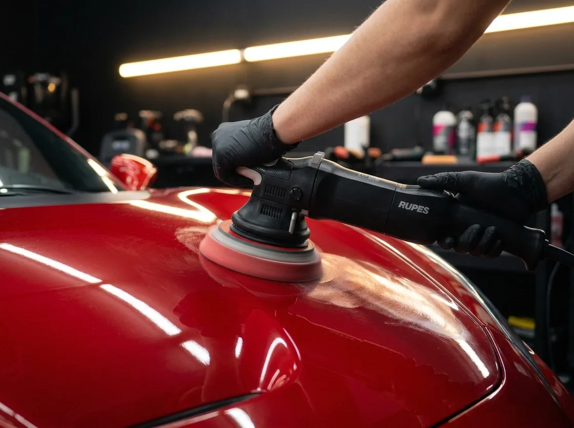 RUPES dual-action polisher running over the bonnet of a red car during a one-step correction
