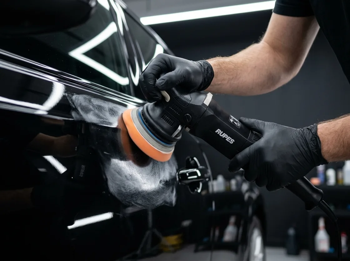 RUPES polisher with cutting compound working a black panel during a two-step correction