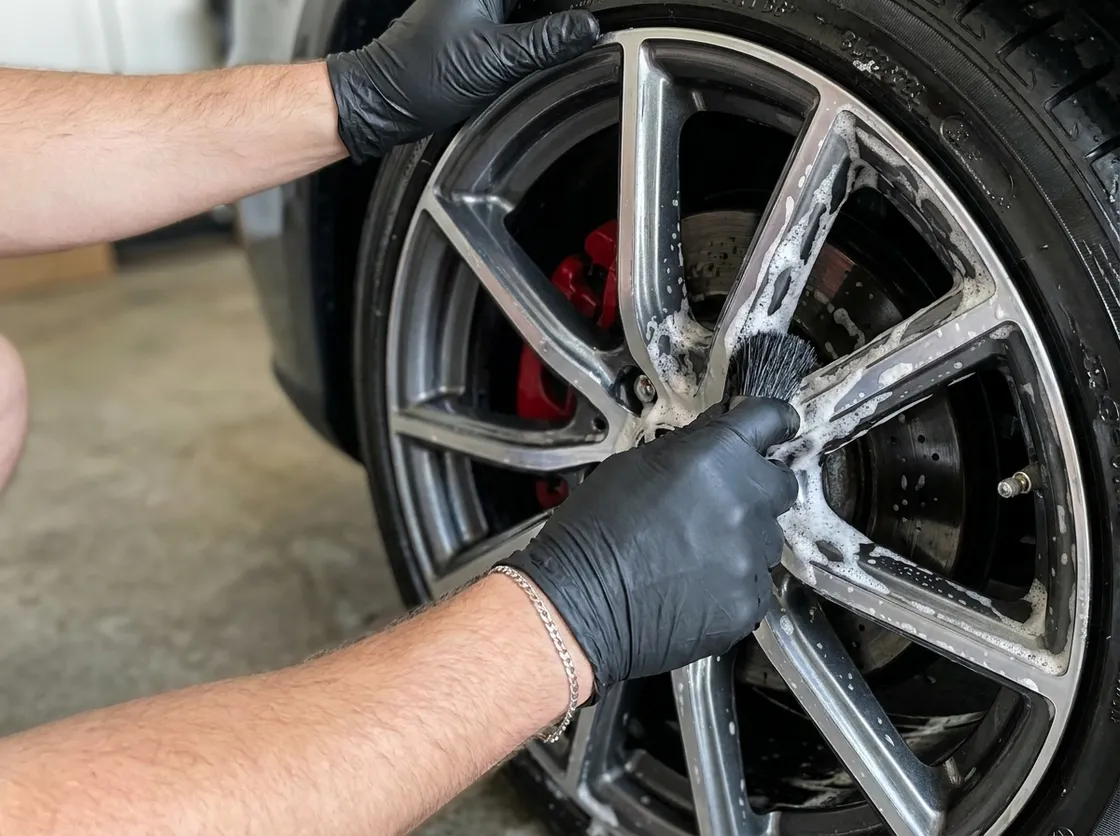 Gloved hands scrubbing a foamed alloy wheel with a detailing brush