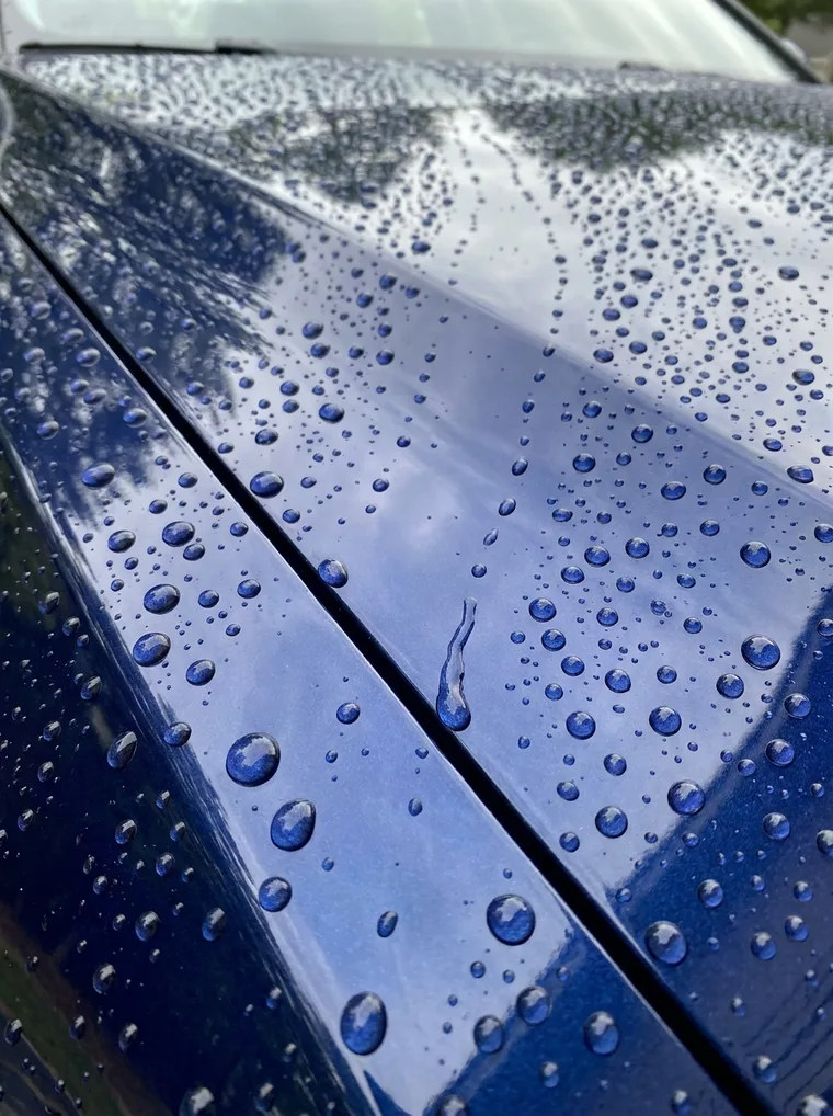 Tight, round water beads standing up on the ceramic coated blue paint of a car bonnet